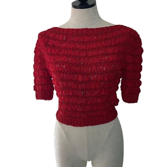 Vintage Womens Top Size Small Red Woven Ribbon Knit Stretch Boat Neck - Picture 5 of 8